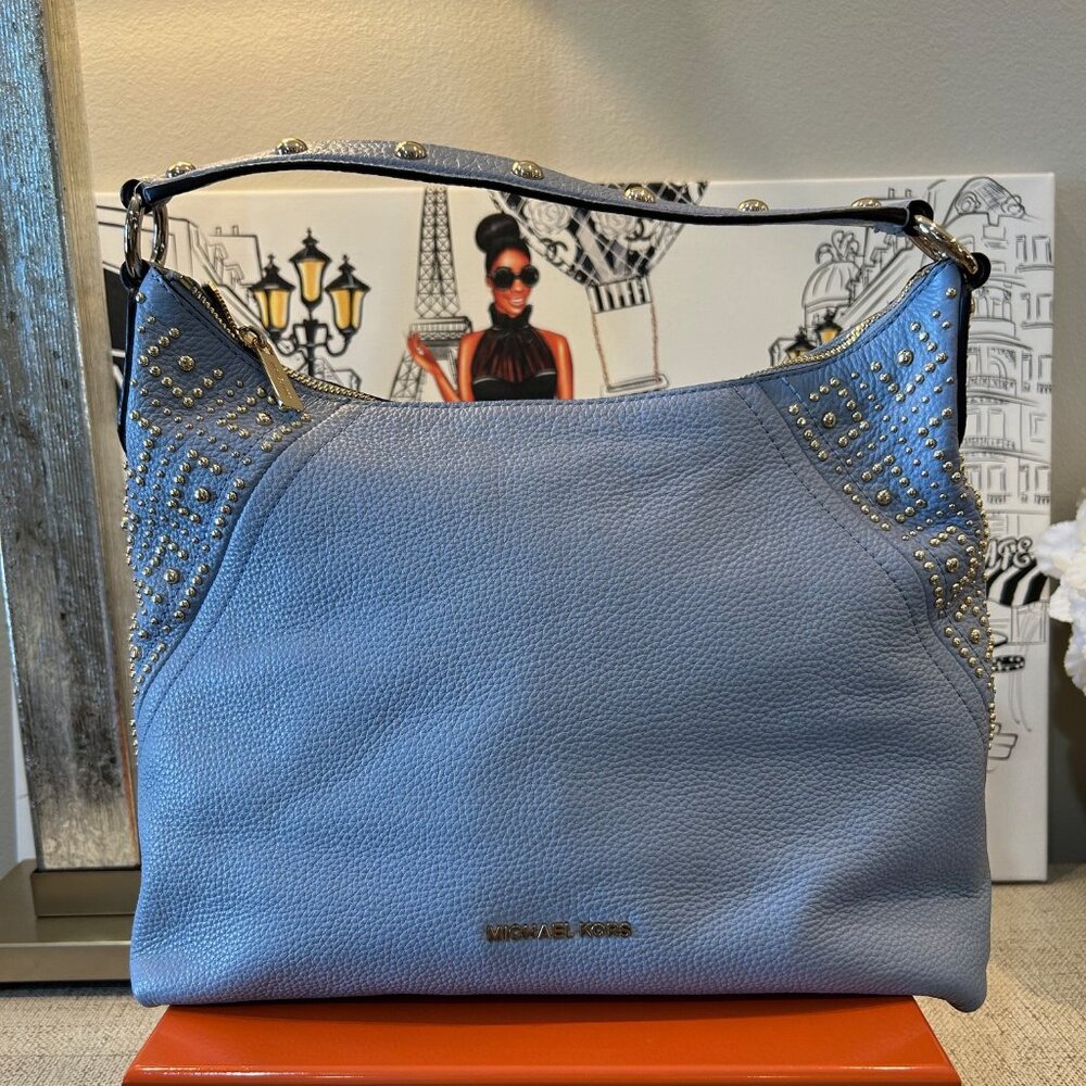 Michael Kors Aria Medium Studded Leather Handbag in Light Blue/Powder Blue